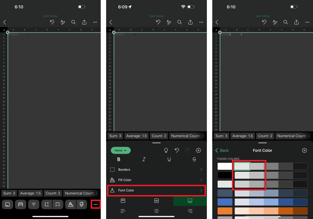 How to change the mobile font color in Excel