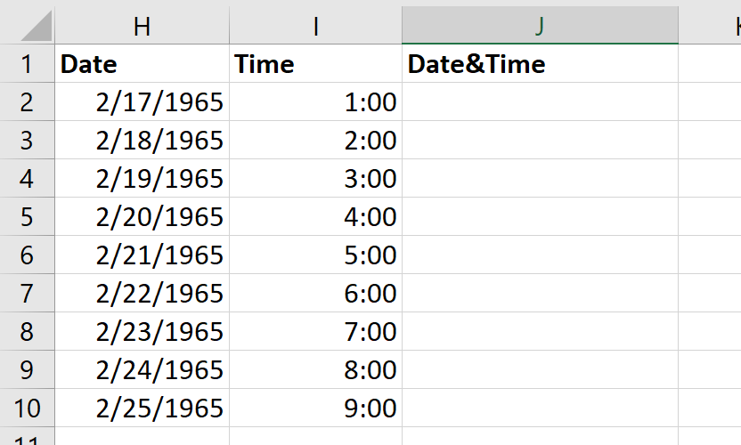 Combine date and time in Excel—Example worksheet