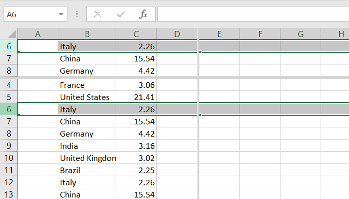 Split panes in Excel.