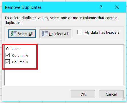 Uncheck the columns that you do not want to remove duplicates from 