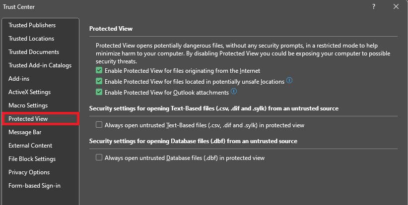 Alter protected view settings