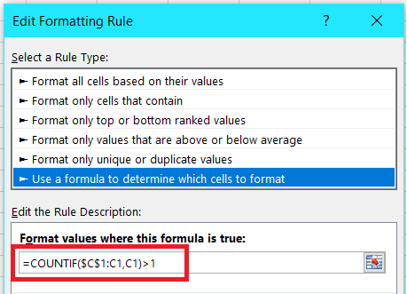 A red markup box showing where to enter the COUNTIF formula in Excel