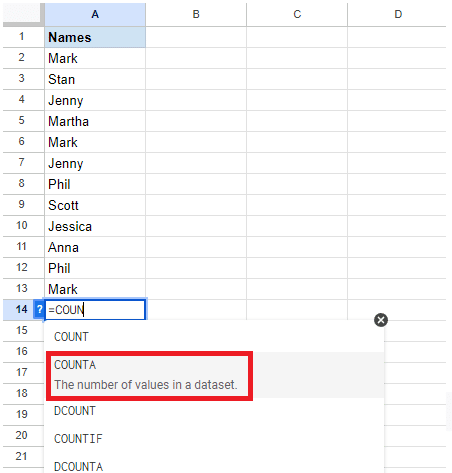 Google Sheets count cells with text—example using the =COUNTA( formula.