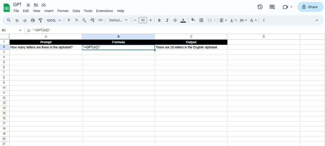 Chat GPT formula in Google Sheets examp[le