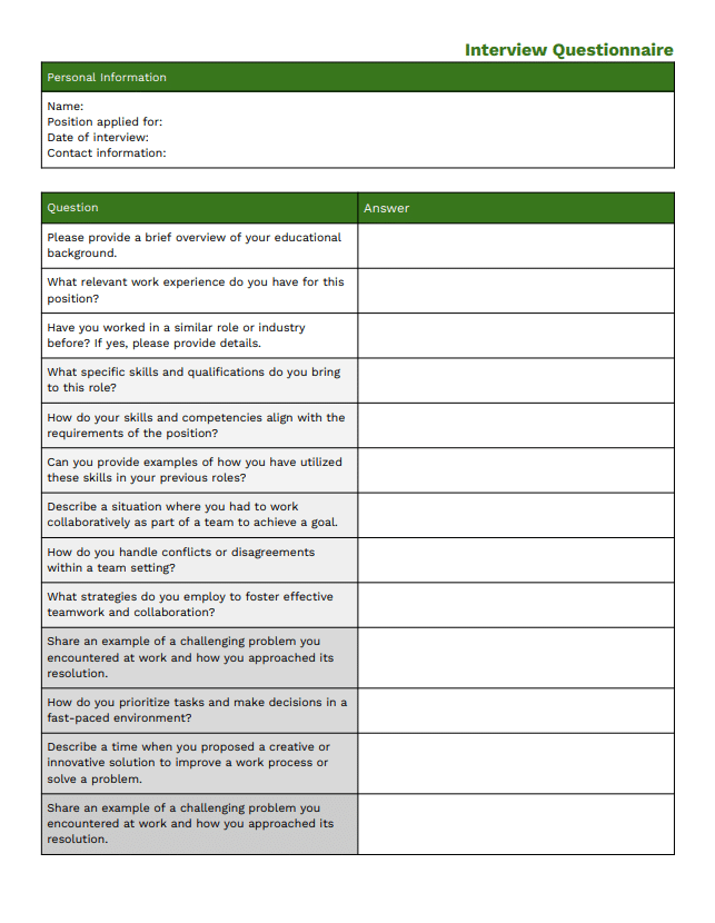 Preview of interview questionnaire