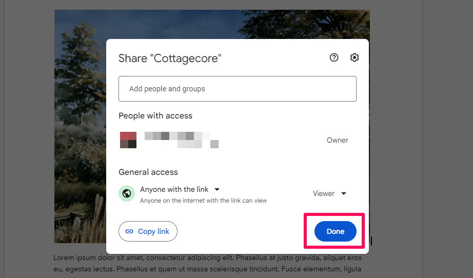 Done button in Google Docs share settings