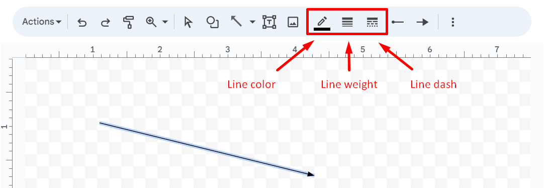 Options for line color, weight, and dash in GDocs drawing tool