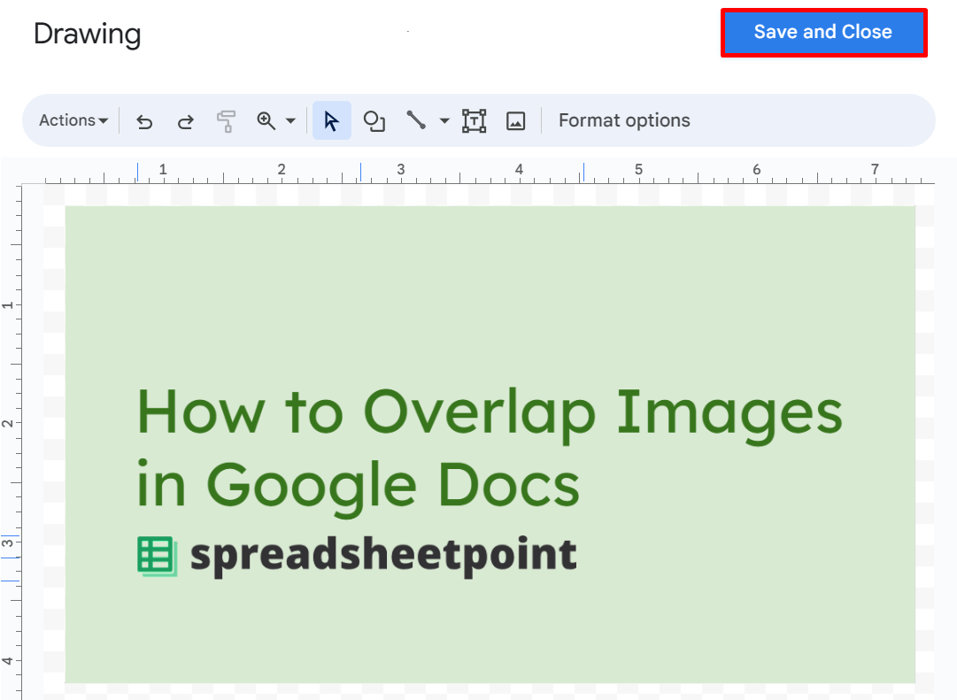 The "Save and Close" button in the Google Docs drawing panel