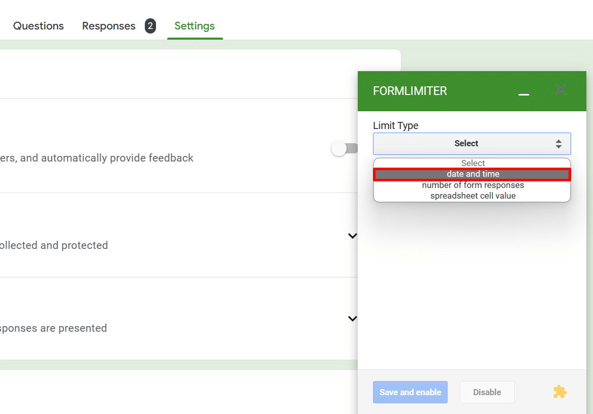 Setting the form limit type to "date and time"