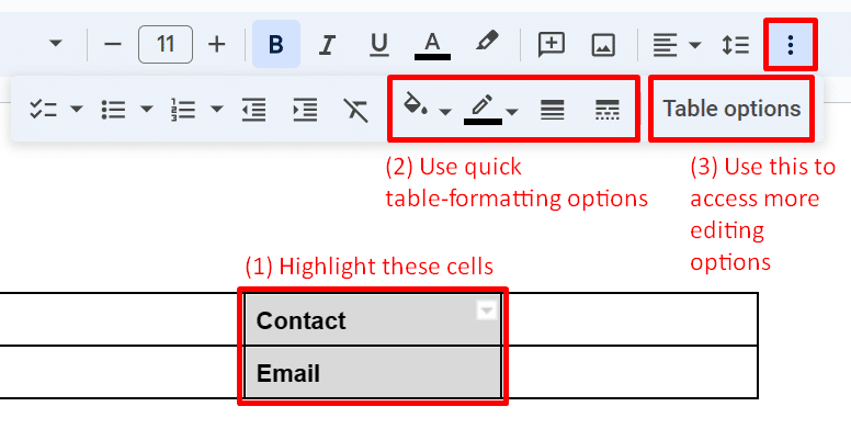 Table formatting options in Google Docs