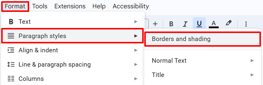 Where to find the borders and shading option under the format menu in Google Docs