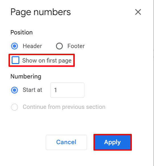 Not displaying page numbers on the first page