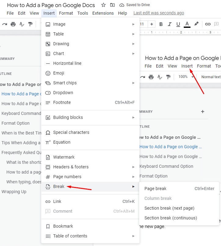 Where to find break in Google Docs