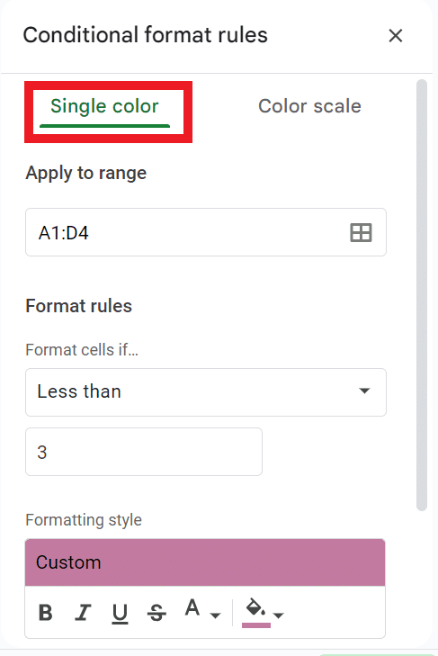 Custom format rules—single color