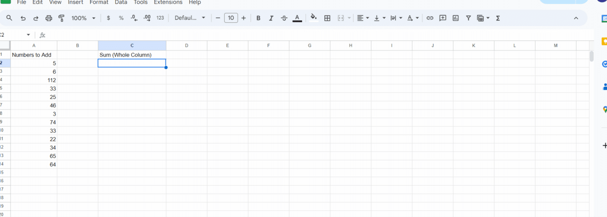 Sum using the function menu in Google Sheets