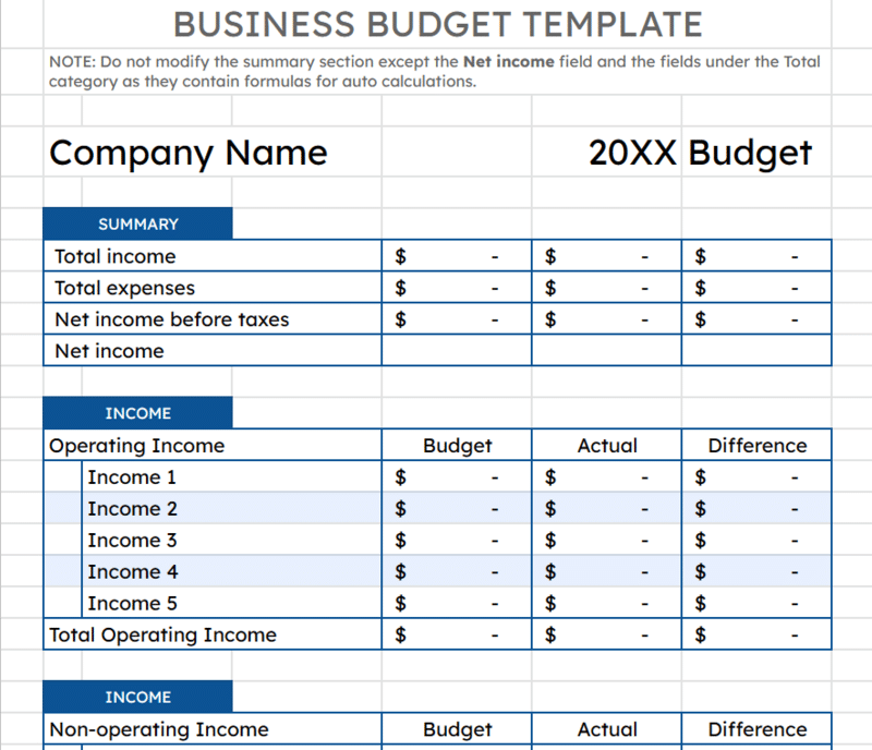 Business budget template screenshot