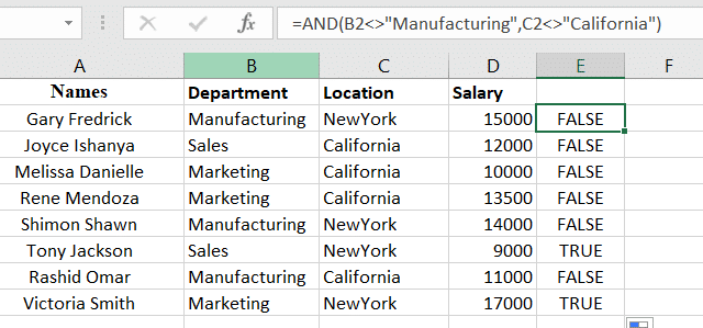 "does not equal" with AND function formula used in multiple cells