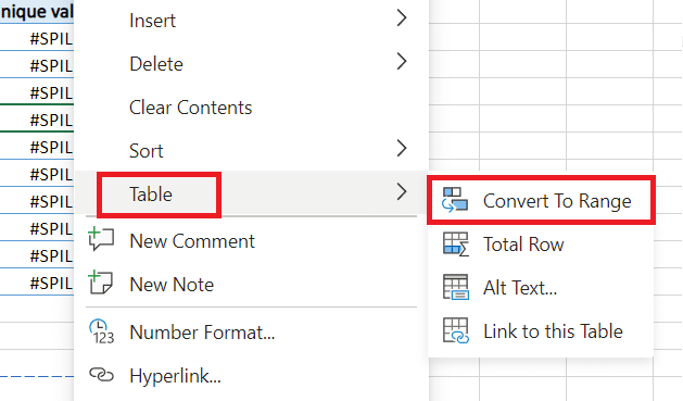 Red markup showing you should go to Table and choose the option Convert to Range