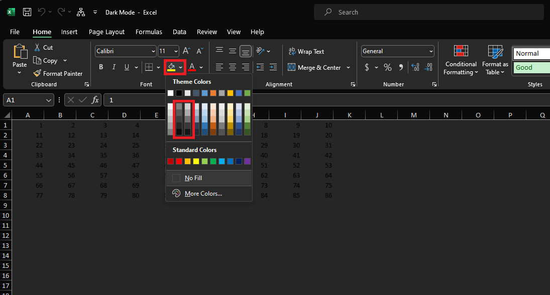 Altering the cell fill color for Excel Dark mode