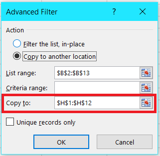 Specify a destination for unique values exc