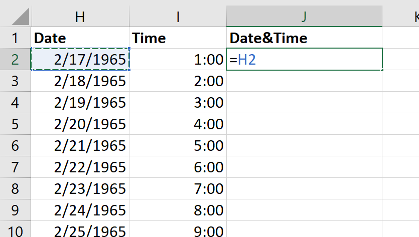 Add an equal sign (=) and select the first cell with the date.