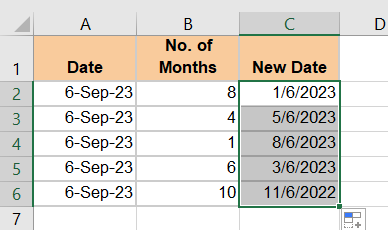 Results of subtracting with the EDATE formula