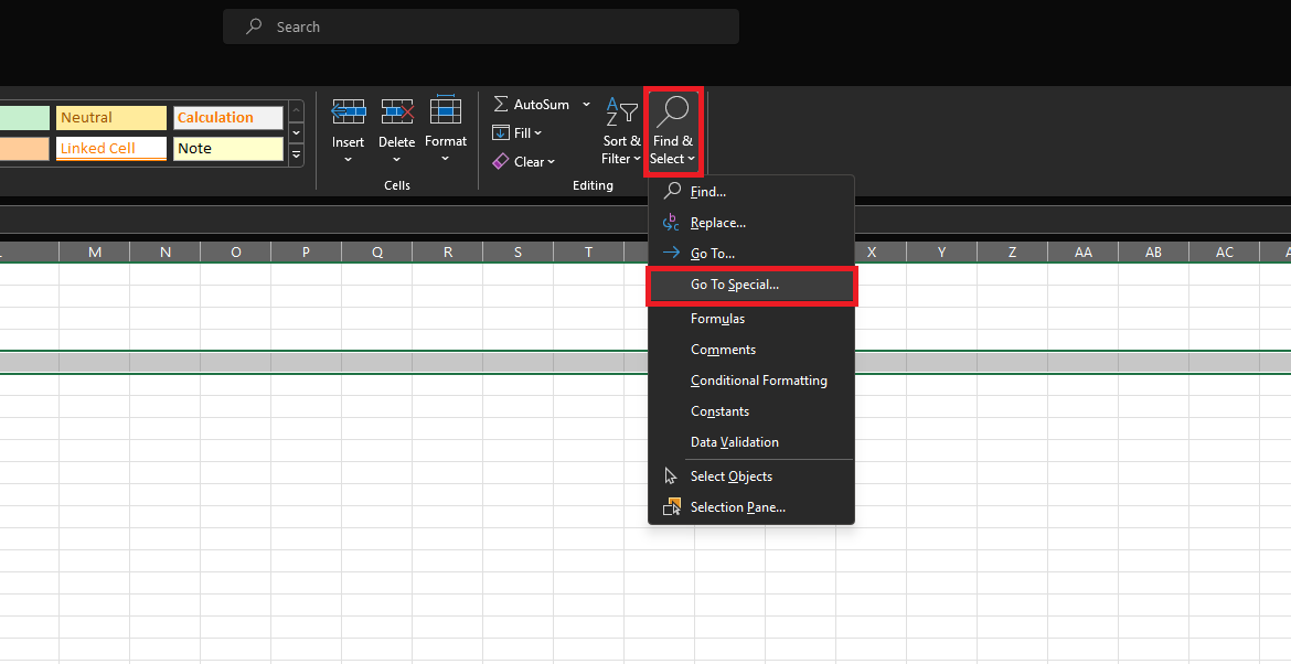 Find and Select option in Excel