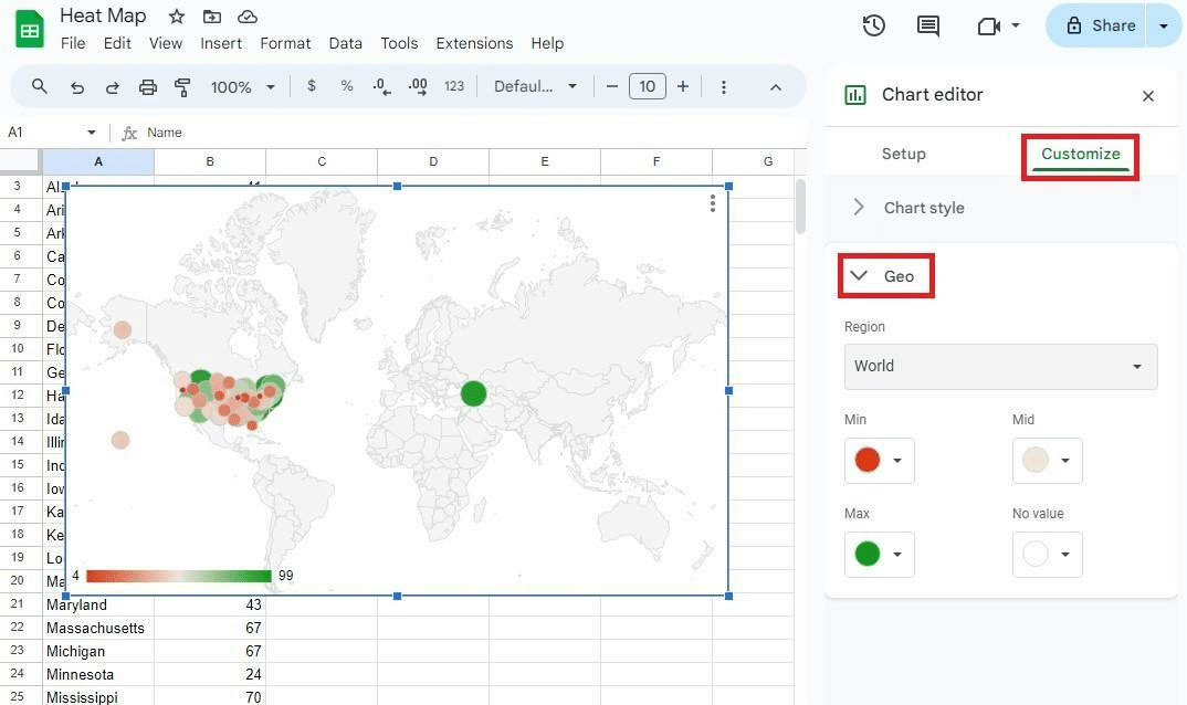 Select the type of map in Google Sheets.