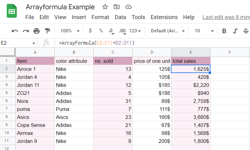 The results after using a Google Sheets arrayformula