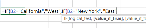 Add a comma and write the second condition IF B2=New York, “East”