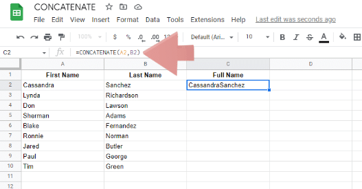 An example of CONCATENATE in Google Sheets