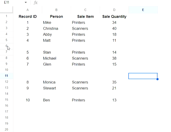 Google Sheets delete empty rows—Select empty rows and delete them