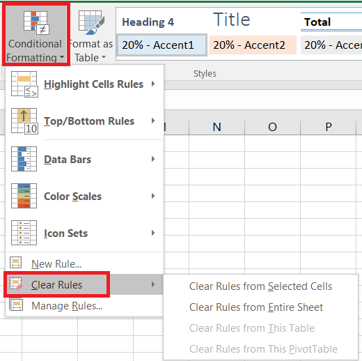 Red markup showing how to select and Clear Rules from Selected Cells in Excel