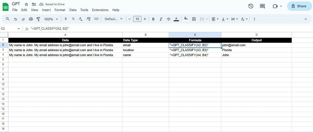 GPT_EXTRACT function in Google Sheets extension