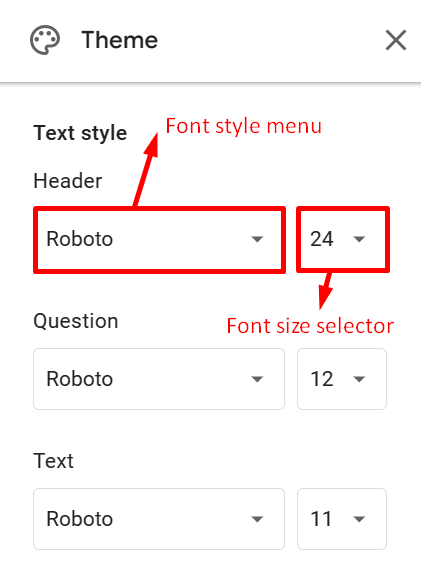 Font style and size settings in Google Forms