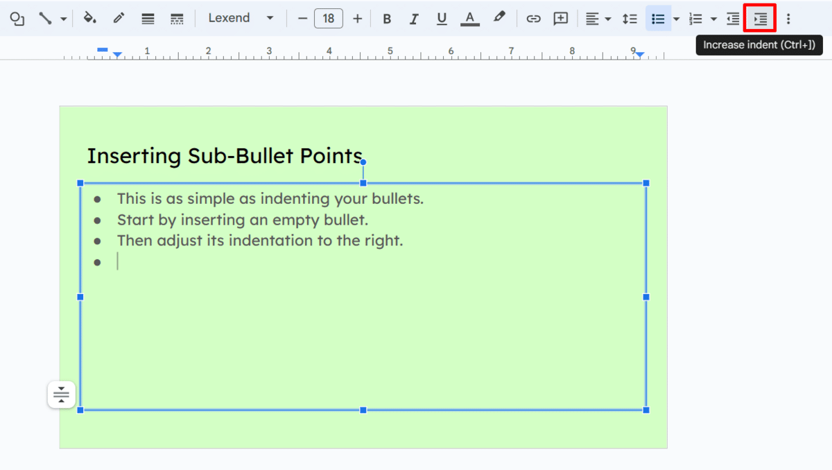 How to increase indent in Google Slides