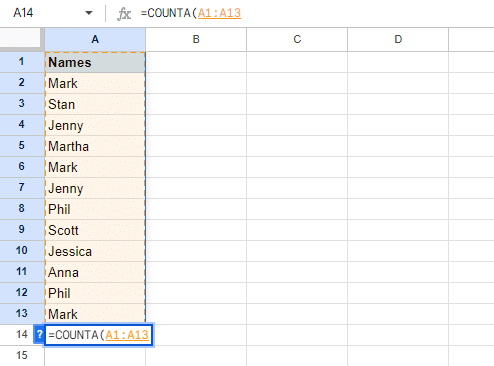 Selected range to count example.