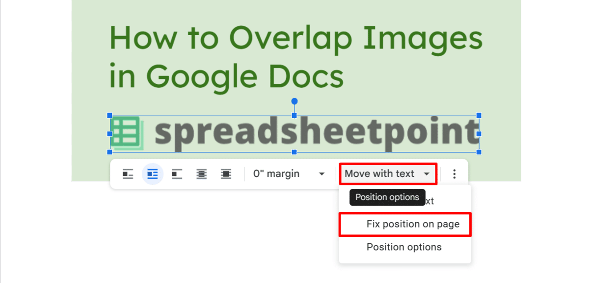 How to fix an image to its position on a page in Google Docs