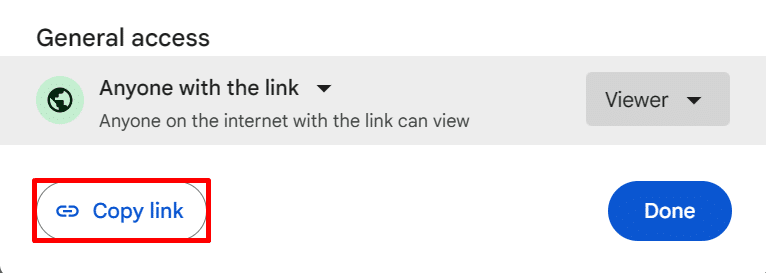 Where to find the copy link button in Google Docs sharing panel