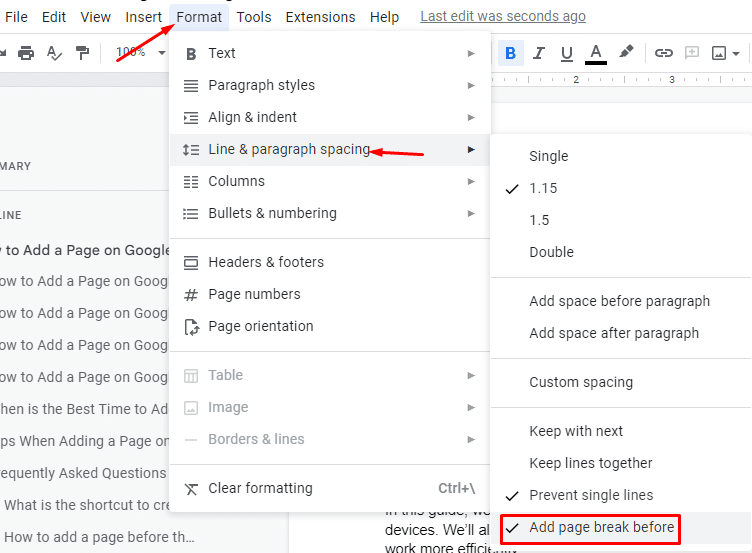 Where to find add page break before in Google Docs