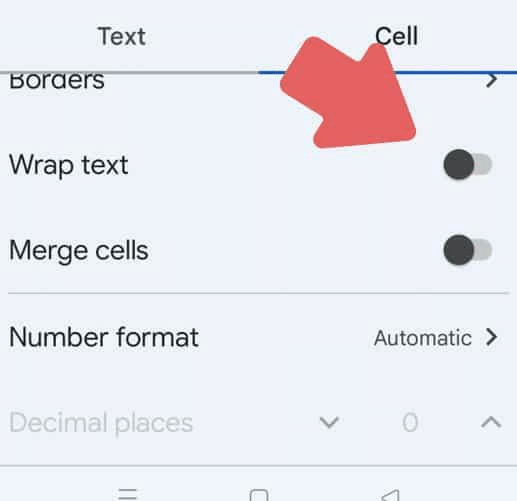 Toggle for the wrap text option in the Google Sheets mobile app