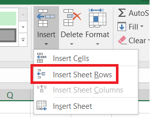 Insert drop down in the Home tab. Click Insert Sheet Rows