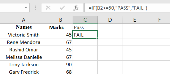 An example result of using the IF function