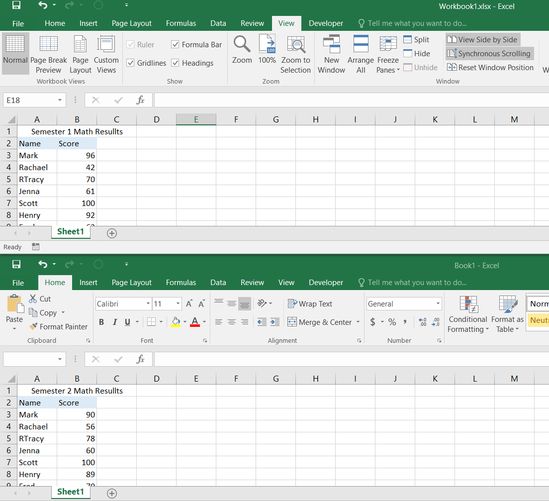  Excel window split into 2 horizontally 