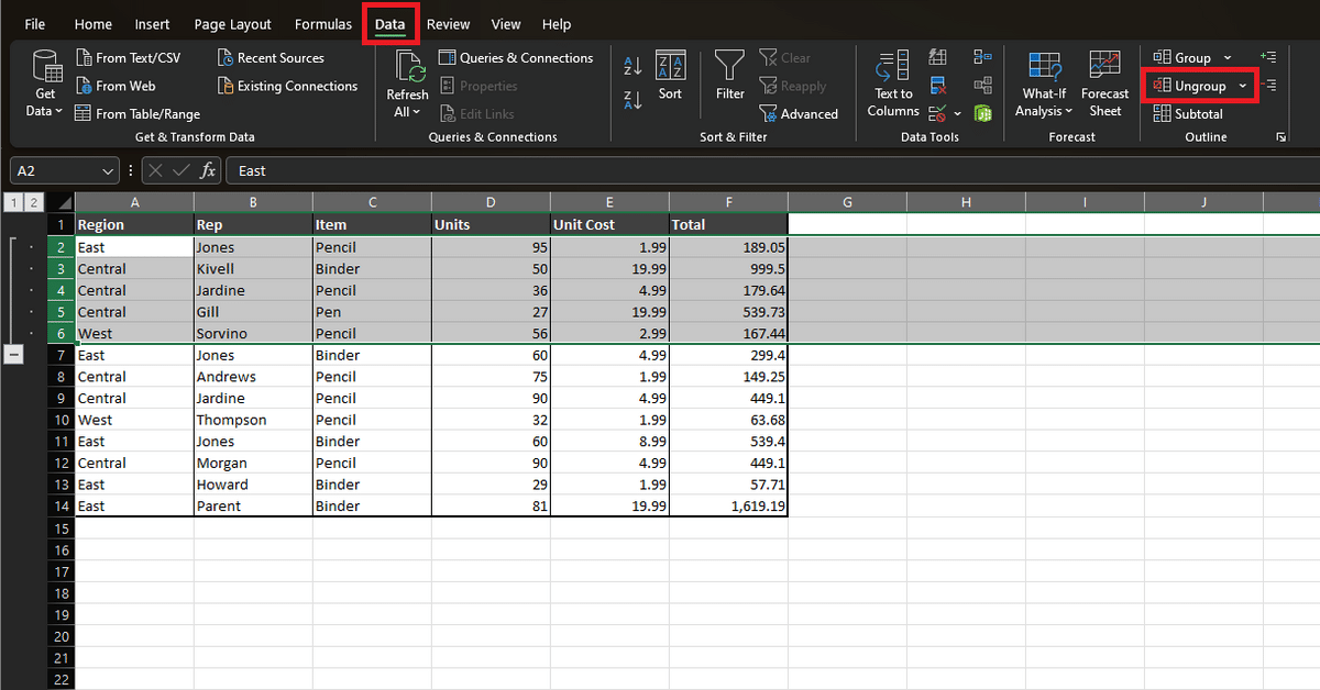 How to collapse rows in Excel