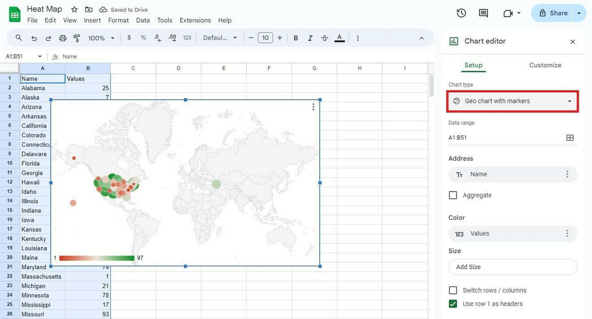 How to select geo chart with markers in the Chart editor.