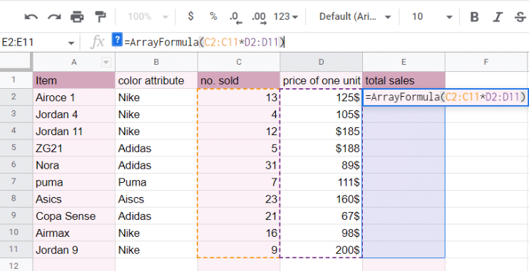 An example of an ARRAYFORMULA in Google Sheets