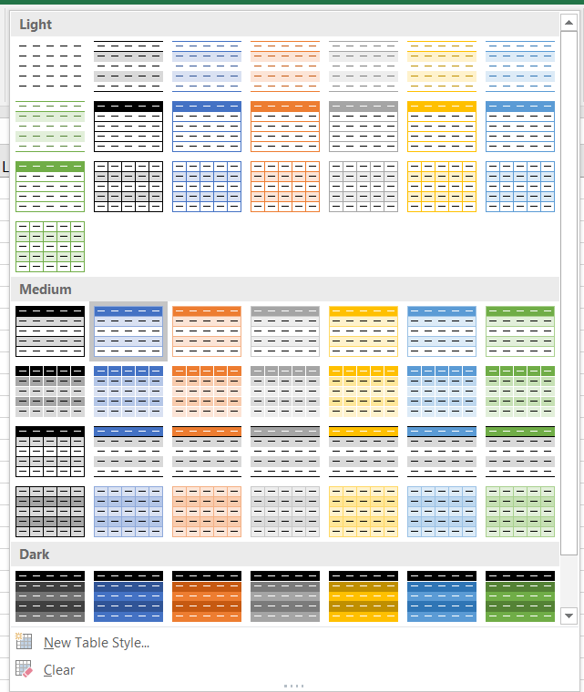 Excel's table styles options