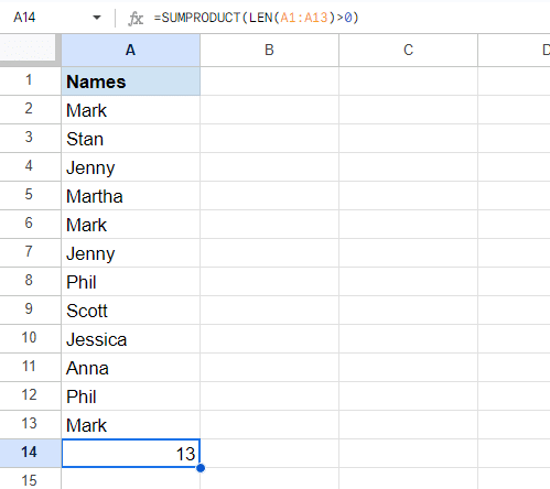 This formula will return the number of cells with text.