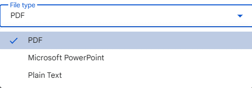 File type choices in "Email a file" window in Google Slides